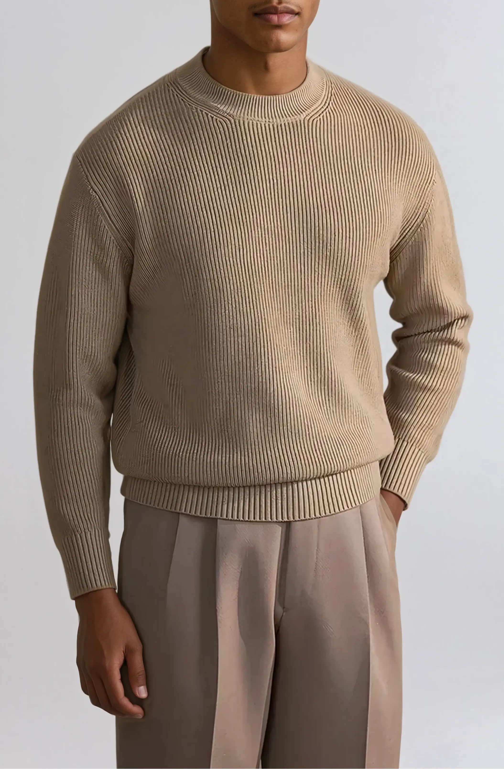 Geribde O-hals Trui Khaki