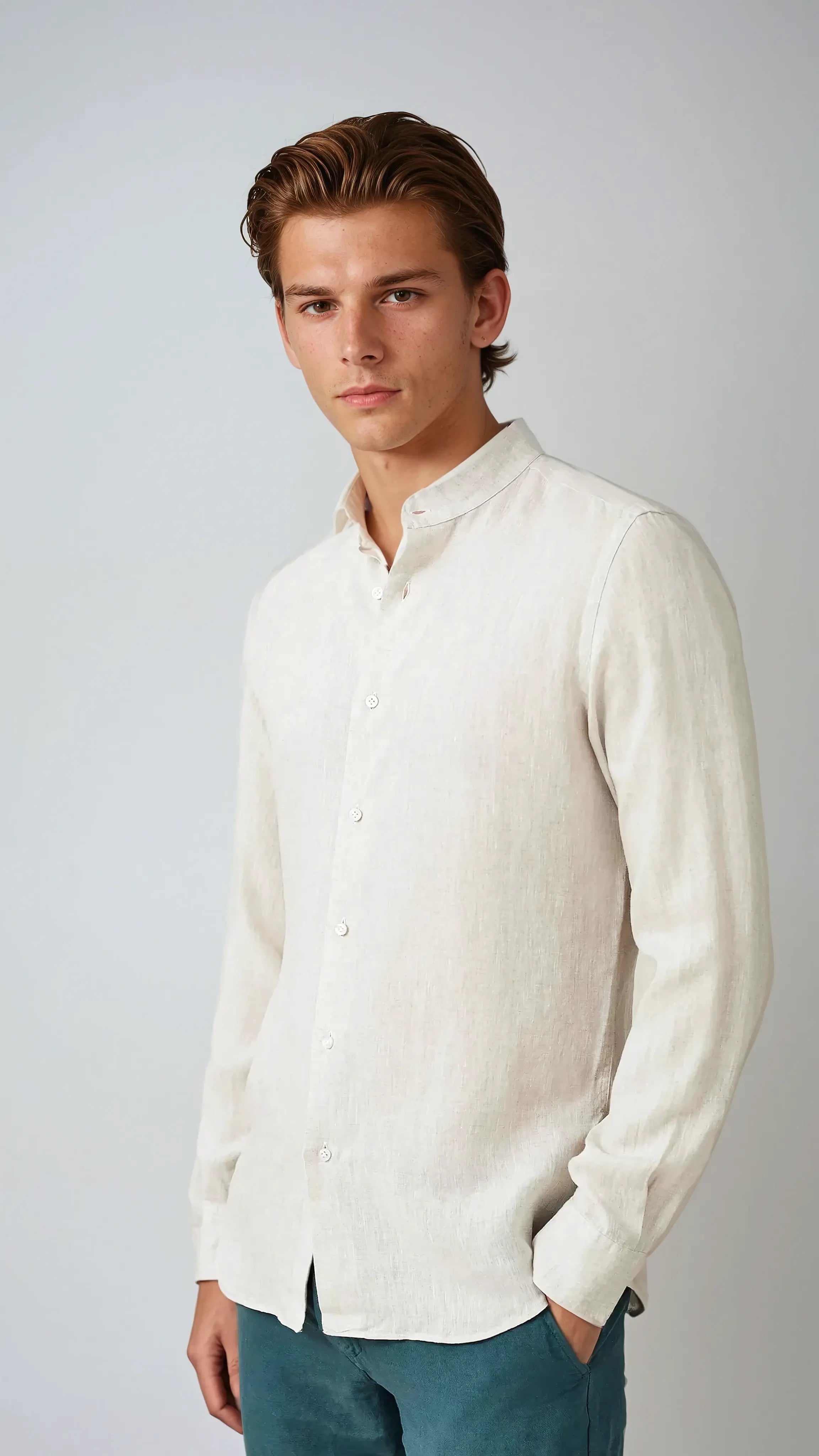Linnen Band Collar Overhemd Beige
