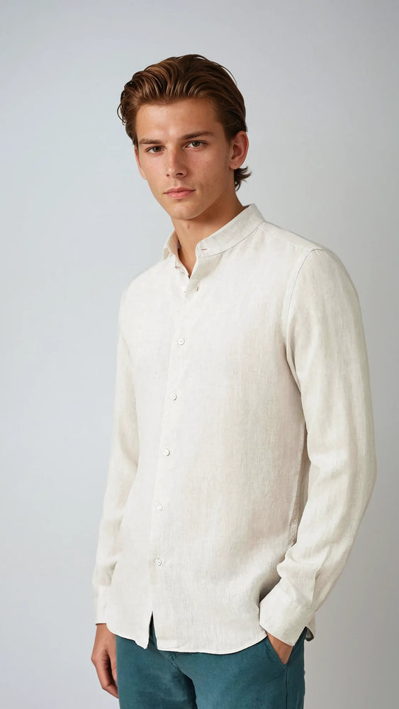 Linnen Band Collar Overhemd Beige