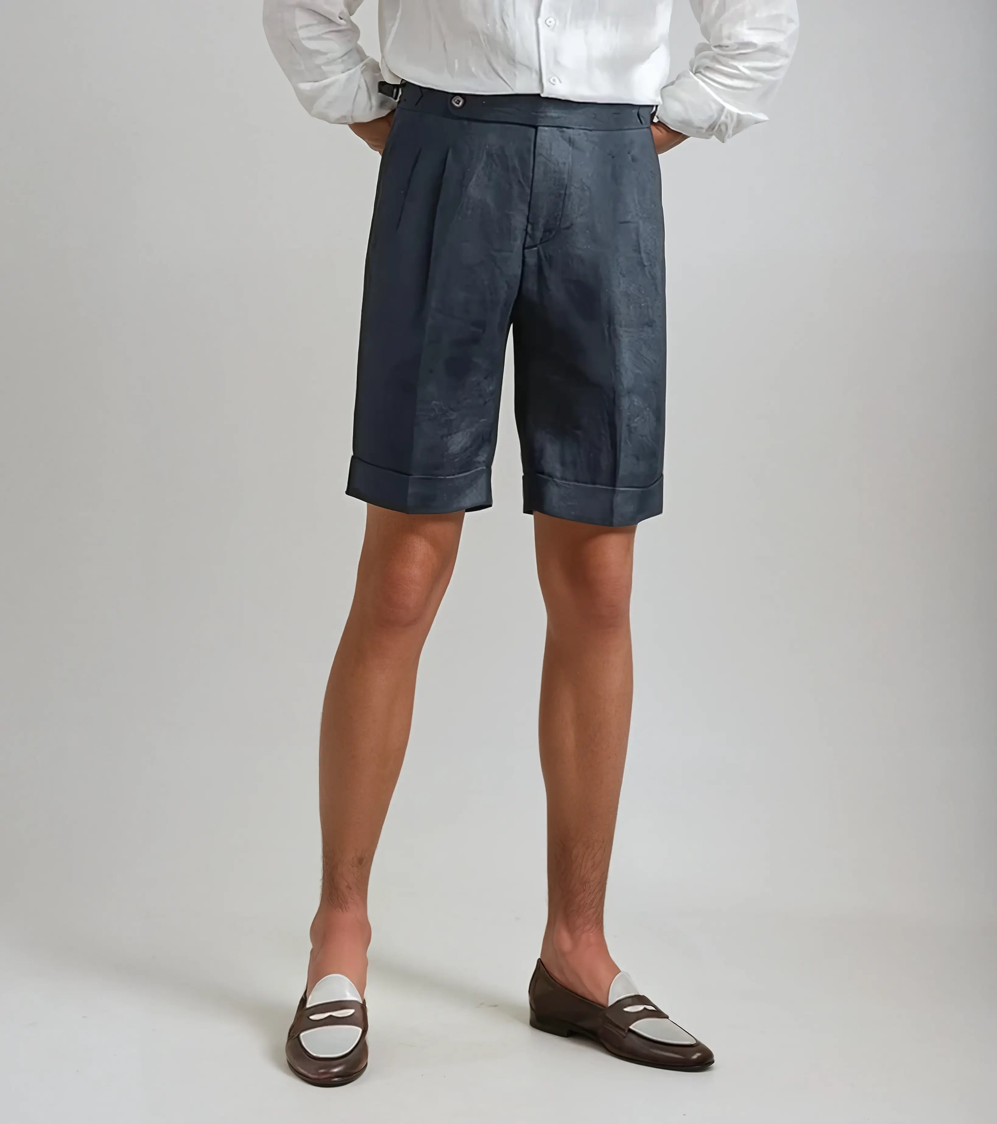 Oxford Geplooide Korte Broek - Marineblauw