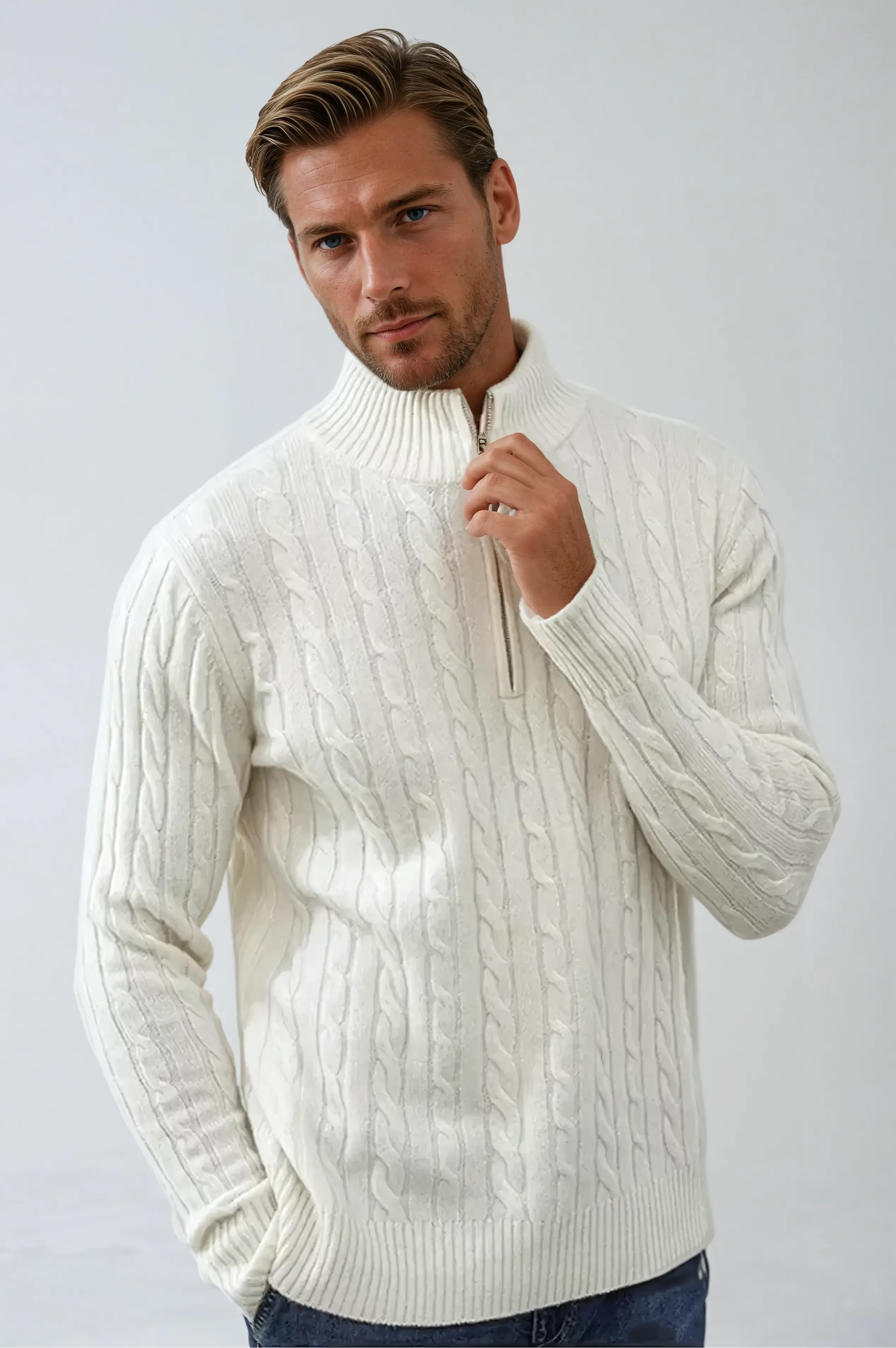 Gebreide Kabel Zip Sweater - Wit