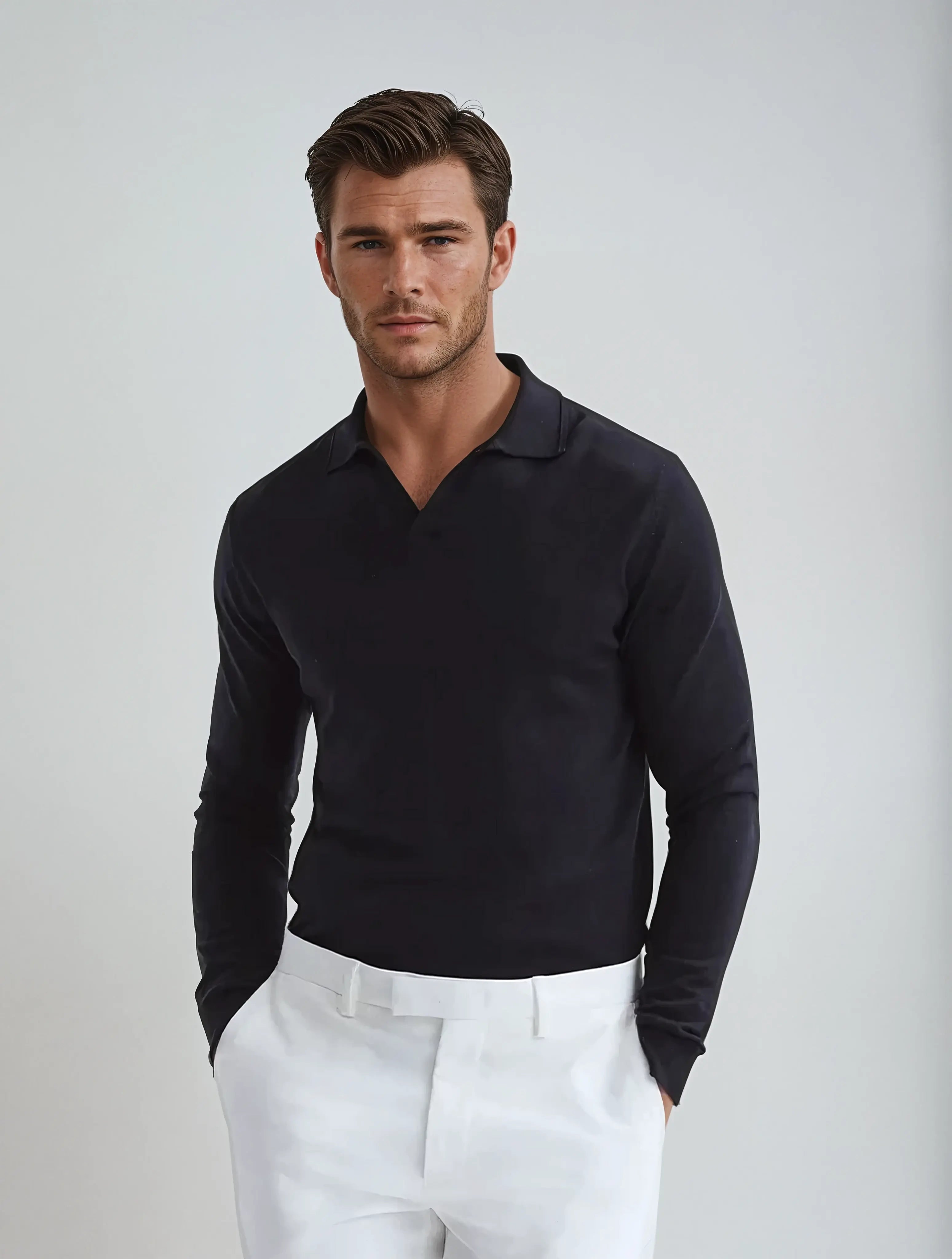 Longsleeve Polo Zonder Knopen Zwart