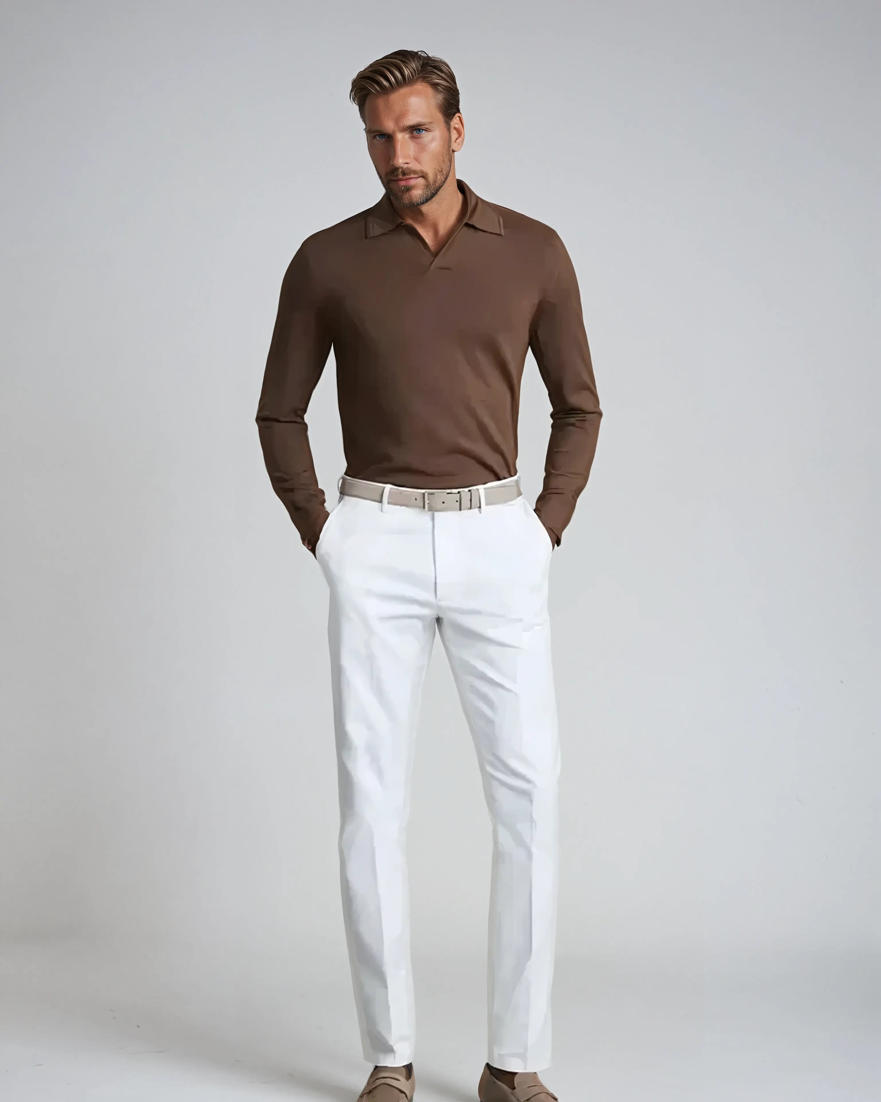 Longsleeve Polo Zonder Knopen Bruin